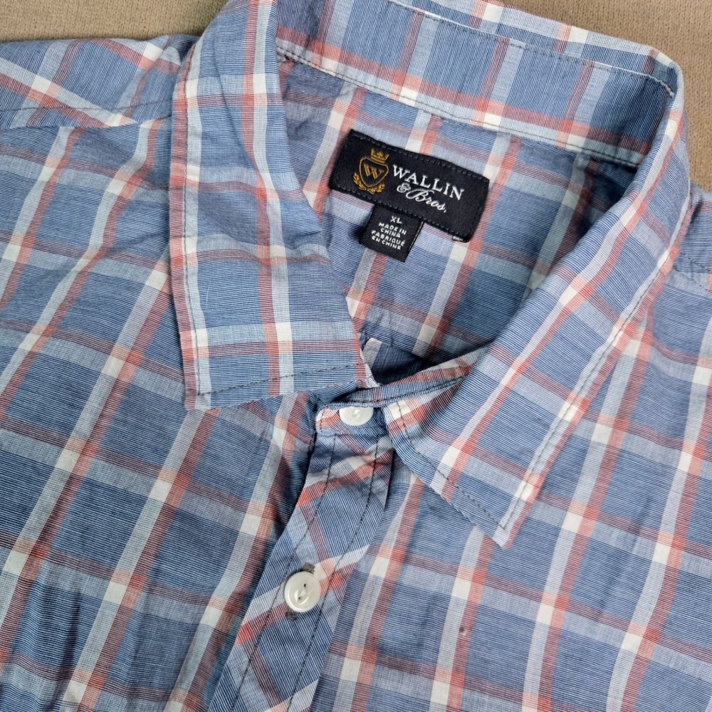 Wallin & Bros Mens XL Short Sleeve Button Down Shirt Blue Red Plaid Check USA